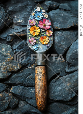 Colorful Flower Design on Tiny Trowel Against Dark Slate Background 124818688