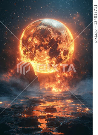 Surreal Galactic Landscape with Glowing Moon and Ethereal Atmosphere 124818711