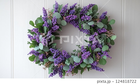Delicate Pastel Floral Wreath with Eucalyptus for Peaceful Home Decor 124818722