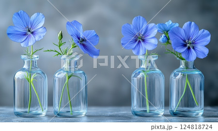 Elegant Minimalist Bouquet of Single Stems in Glass Vases with Soft Blue Flowers 124818724