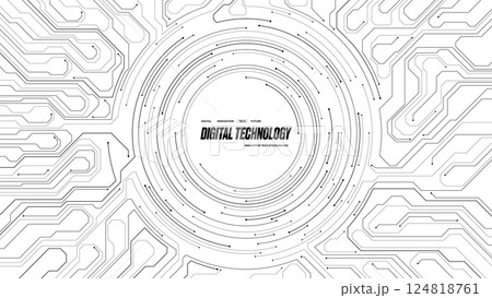 Abstract black circle line wires on a white circuit board. AI concept. 124818761