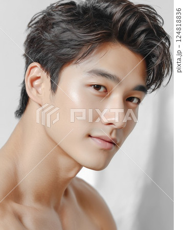 肌が美しい若い男性。スキンケア、美容、化粧品、シェービング、髭剃りのデザインに最適な人物素材 肌が美しい若い男性。スキンケア、美容、化粧品、シェービング、髭剃りのデザインに最適な人物素材 124818836