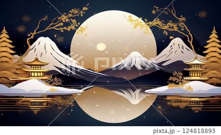 月夜に輝く金色の和風富士 月夜に輝く金色の和風富士 124818893