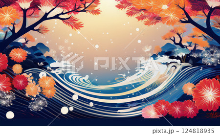 紅葉と波が描く幻想的な和風アート 124818935