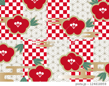 梅の花と和柄の背景 124818959