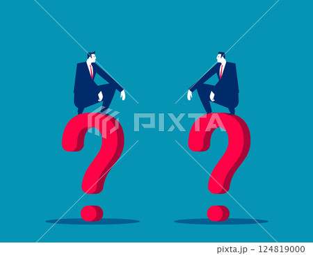 Business person sitting low on the question mark. Communication problems 124819000
