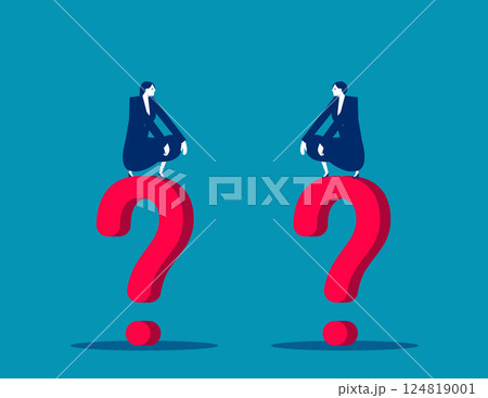 Business person sitting low on the question mark. Communication problems 124819001