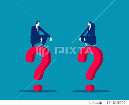 Business person sitting low on the question mark. Communication problems 124819002