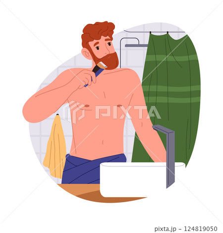 Man trimming beard at bathroom. Vector guy using shaver for hair trim at face. Cartoon person making hygiene routine and facial cosmetic treatment. Shaving and head cleansing at neckline. Bath theme 124819050