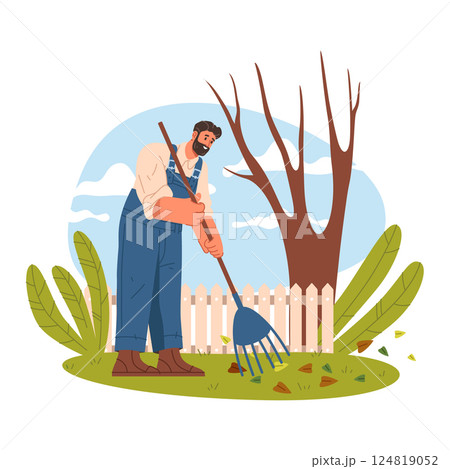 Gardener sweeping leaves at yard. Vector worker at garden backyard with rake making lawn maintenance or service. Orchard farmer outdoor. Agriculture and autumn, horticulture and nature work theme 124819052