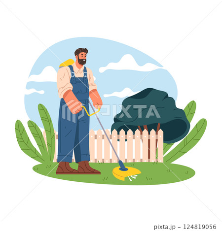 Gardener mowing grass flat vector illustration. Garden worker with mower cutting backyard plant. Orchard or farm lawn maintenance or service. Person gardening. Cultivating and horticulture,agriculture 124819056