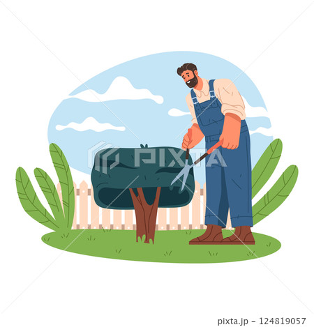 Flat vector image of gardener at work. Person cut bush or trimming shrubbery in orchard with tool. Agriculture service at backyard with cutter. Farmer at garden. Nature cultivating and pruning. Flat vector image of gardener at work. Person cut bush or trimming shrubbery in orchard with tool. Agriculture service at backyard with cutter. Farmer at garden. Nature cultivating and pruning. 124819057
