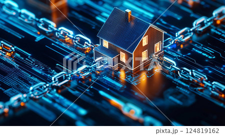 ブロックチェーンで保護されたデジタル住宅の3Dイラスト 124819162