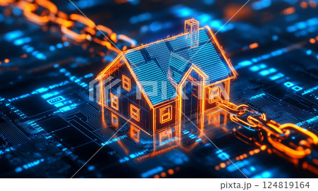 ブロックチェーンで保護されたデジタル住宅の3Dイラスト ブロックチェーンで保護されたデジタル住宅の3Dイラスト 124819164