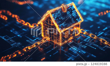 ブロックチェーンで保護されたデジタル住宅の3Dイラスト ブロックチェーンで保護されたデジタル住宅の3Dイラスト 124819166