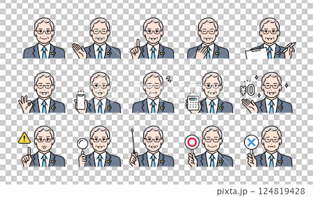 Various facial expression variation set of senior men in suits wearing badges 124819428