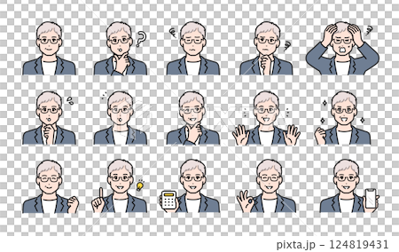 Various facial expressions variation set of senior men in business casual 124819431
