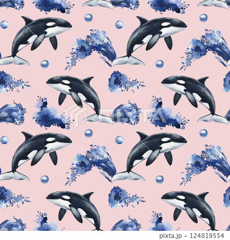 Orcas blue splashes and ocean bubbles on white background for marine life, animal design. Watercolor seamless pattern  124819554