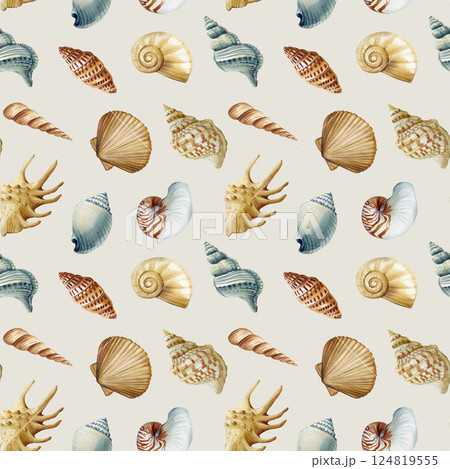 watercolor seamless pattern with sea shells spiral conch clam underwater ocean elements for summer beach, coastal design 124819555
