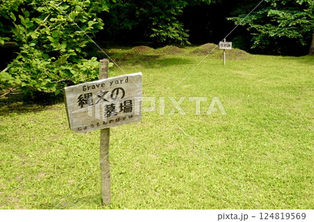史跡小牧野遺跡　「縄文の墓場」の木の標識が立っている風景　青森県青森市野沢小牧野 124819569