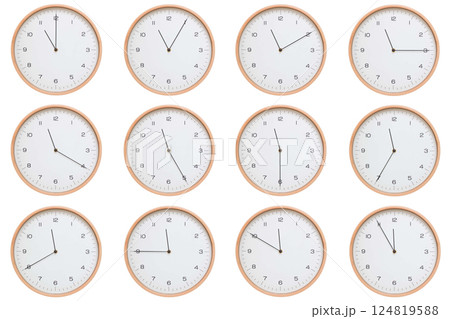 A set of twelve analog wooden wall clocks with white face and black hands, showing 5-minute intervals from 11:00 AM / PM to 11:55 AM / PM. Clean white background, perfect for time, routine, and 124819588