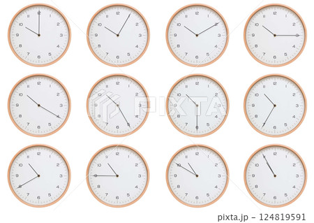 A set of twelve analog wooden wall clocks with white face and black hands, showing 5-minute intervals from 10:00 AM / PM to 10:55 AM / PM. Clean white background, perfect for time, routine, and 124819591