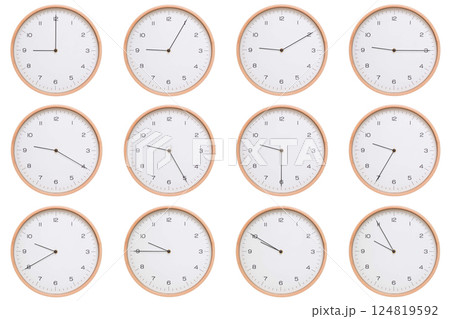 A set of twelve analog wooden wall clocks with white face and black hands, showing 5-minute intervals from 09:00 AM / PM to 09:55 AM / PM. Clean white background, perfect for time, routine, and 124819592