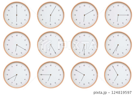 A set of twelve analog wooden wall clocks with white face and black hands, showing 5-minute intervals from 06:00 AM / PM to 06:55 AM / PM. Clean white background, perfect for time, routine, and A set of twelve analog wooden wall clocks with white face and black hands, showing 5-minute intervals from 06:00 AM / PM to 06:55 AM / PM. Clean white background, perfect for time, routine, and 124819597