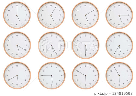 A set of twelve analog wooden wall clocks with white face and black hands, showing 5-minute intervals from 05:00 AM / PM to 05:55 AM / PM. Clean white background, perfect for time, routine, and A set of twelve analog wooden wall clocks with white face and black hands, showing 5-minute intervals from 05:00 AM / PM to 05:55 AM / PM. Clean white background, perfect for time, routine, and 124819598