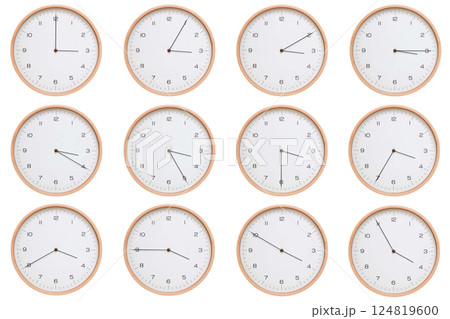 A set of twelve analog wooden wall clocks with white face and black hands, showing 5-minute intervals from 03:00 AM / PM to 03:55 AM / PM. Clean white background, perfect for time, routine, and 124819600