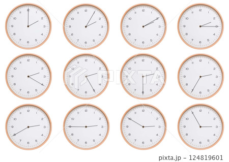 A set of twelve analog wooden wall clocks with white face and black hands, showing 5-minute intervals from 02:00 AM / PM to 02:55 AM / PM. Clean white background, perfect for time, routine, and 124819601