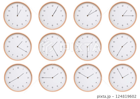 A set of twelve analog wooden wall clocks with white face and black hands, showing 5-minute intervals from 01:00 AM / PM to 01:55 AM / PM. Clean white background, perfect for time, routine, and A set of twelve analog wooden wall clocks with white face and black hands, showing 5-minute intervals from 01:00 AM / PM to 01:55 AM / PM. Clean white background, perfect for time, routine, and 124819602