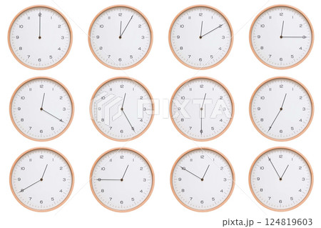 A set of twelve analog wooden wall clocks with white face and black hands, showing 5-minute intervals from 00:00 AM / PM to 00:55 AM / PM. Clean white background, perfect for time, routine, and A set of twelve analog wooden wall clocks with white face and black hands, showing 5-minute intervals from 00:00 AM / PM to 00:55 AM / PM. Clean white background, perfect for time, routine, and 124819603