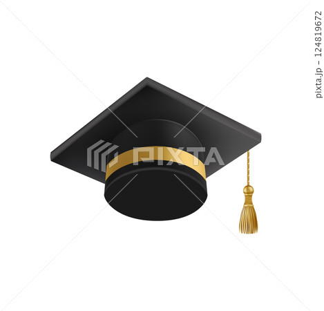 Realistic Black graduate cap. 3D Graduation Doctoral hat. 124819672