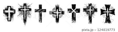 Grunge Christian Cross Set with Distressed Texture and Ink Splash Effects for Religious and Gothic Grunge Christian Cross Set with Distressed Texture and Ink Splash Effects for Religious and Gothic 124819773