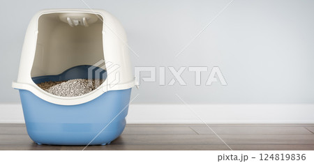 Hooded cat litter box in the room. Hooded cat litter box in the room. 124819836