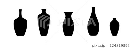 Silhouette set decorative vases shapes. Black vase collection traditional design simple icon. 124819892