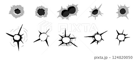 Bullet hole gun shot weapon mark silhouette, impact gun, bullet hole gunshot. Damage from shoot. 124820050