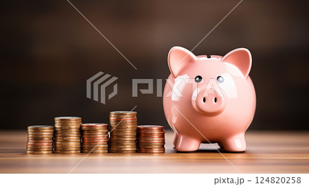 piggy bank with coin on the table piggy bank with coin on the table 124820258