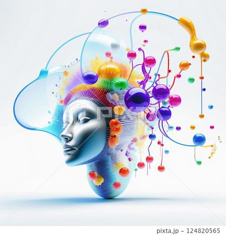 Creative illustration of a female face. Creative face silhouette with colorful drops around. AI generated. 124820565