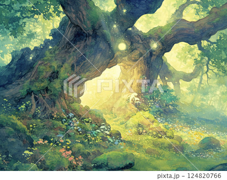神聖な光が古代の木の分岐点に差し込む、生命が始まる場所で新たな命が芽吹き、苔と花々が生い茂る神聖なエ 124820766