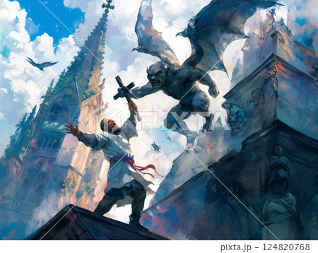 聖ロマヌスが十字架を掲げ、空から降下するガーゴイルを追い払うドラマチックなシーン。大聖堂の尖塔を背景 124820768