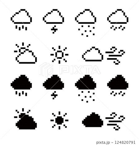 Pixel Weather Icon Set Featuring Rain, Sun, Wind, Cloud, and Storm in Both Outline and Filled Styles 124820791