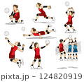 女子バレーボールの試合　様々な技やポーズのセット 124820919