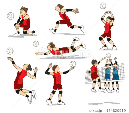 女子バレーボールの試合 様々な技やポーズのセット 女子バレーボールの試合 様々な技やポーズのセット 124820919