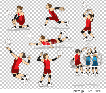 Women's volleyball match set of various techniques and poses Women's volleyball match set of various techniques and poses 124820919