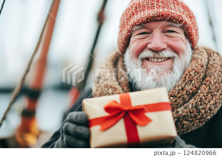 Happy grandfather holding gift with red bow Happy grandfather holding gift with red bow 124820966