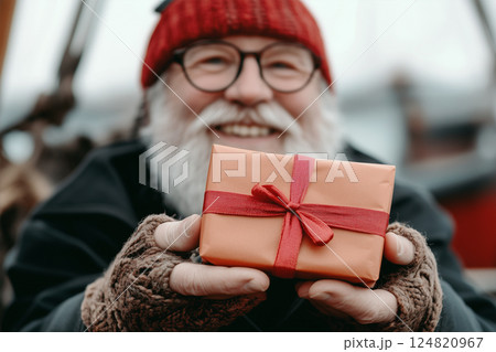 Happy grandfather holding gift with red bow Happy grandfather holding gift with red bow 124820967