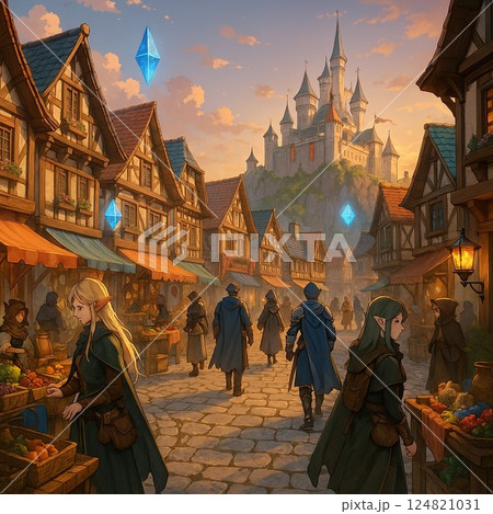 ファンタジーでの中世ヨーロッパの城下町の風景(アニメ調) ファンタジーでの中世ヨーロッパの城下町の風景(アニメ調) 124821031