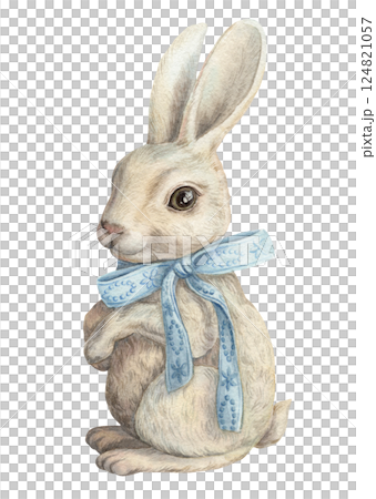 Cute white bunny with a blue ribbon in a vintage Easter theme. Realistic hand drawn watercolor holiday artwork with soft details. Perfect for card design. Ideal for festive prints and decoration. Cute white bunny with a blue ribbon in a vintage Easter theme. Realistic hand drawn watercolor holiday artwork with soft details. Perfect for card design. Ideal for festive prints and decoration. 124821057